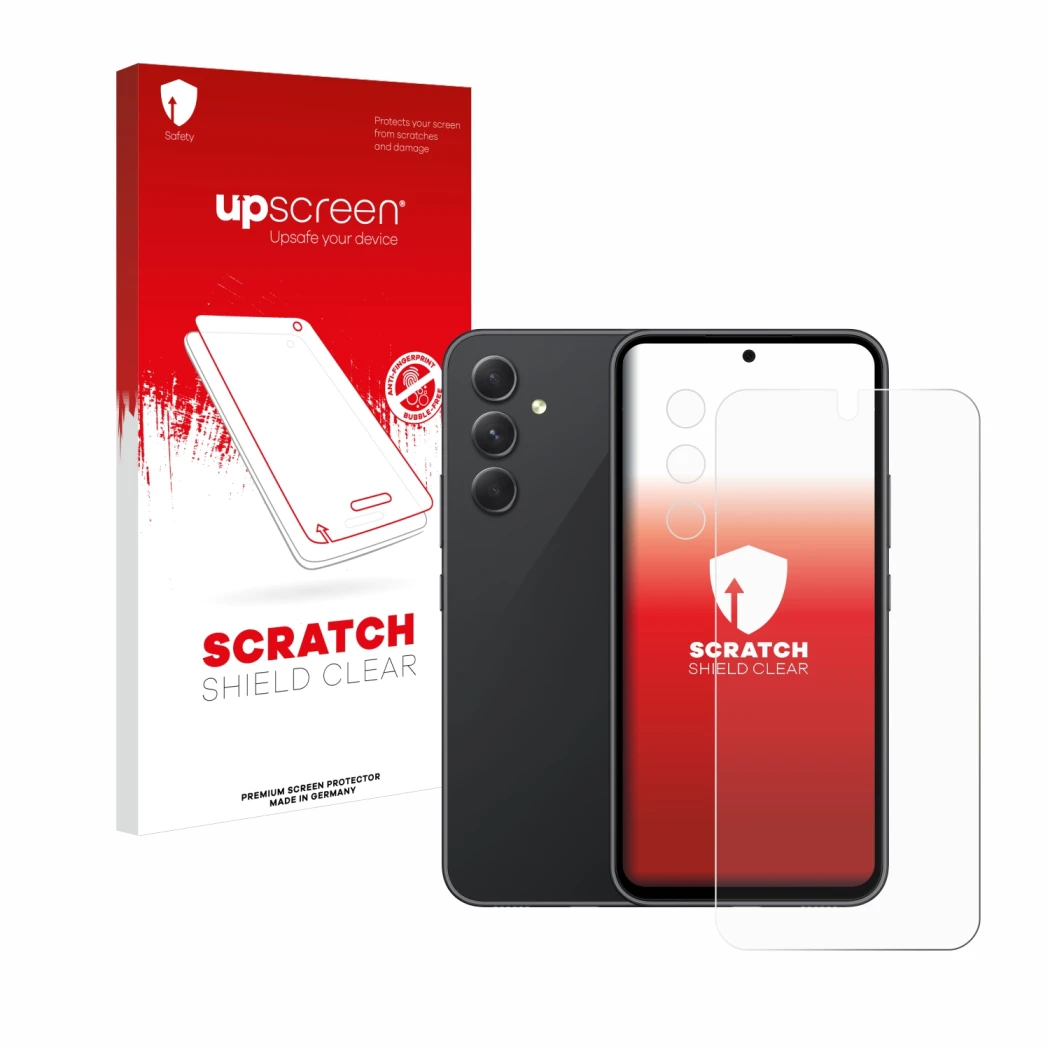 Face avant d’un emballage produit avec le logo de la marque upscreen. À côté, l’appareil Samsung Galaxy A54 5G (Avant+Caméra)