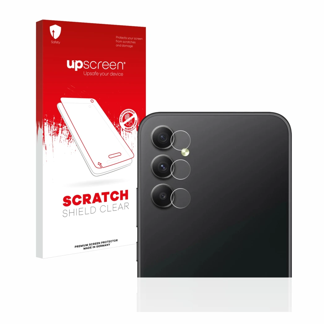 Face avant d’un emballage produit avec le logo de la marque upscreen. À côté, l’appareil Samsung Galaxy A34 5G (Caméra UNIQUEM