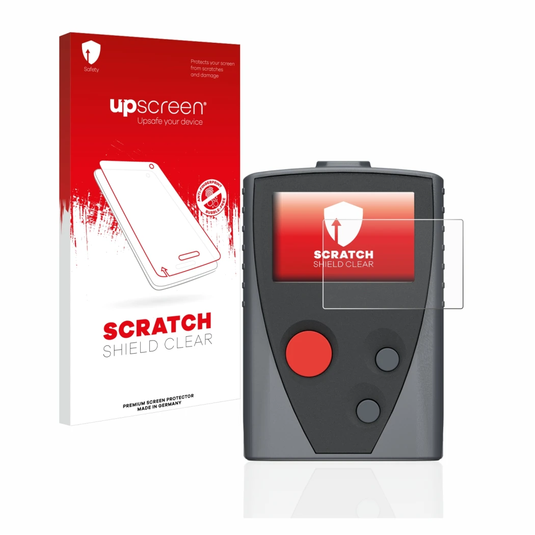 Face avant d’un emballage produit avec le logo de la marque upscreen. À côté, l’appareil Swissphone Boss 935 est représenté av
