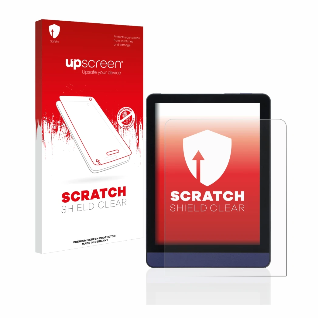 Face avant d’un emballage produit avec le logo de la marque upscreen. À côté, l’appareil Meebook M6 6