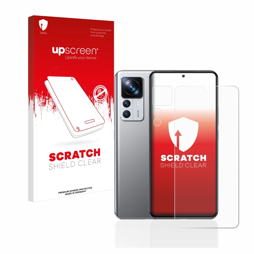 Face avant d’un emballage produit avec le logo de la marque upscreen. À côté, l’appareil Xiaomi 12T Pro (Avant+Caméra) est rep