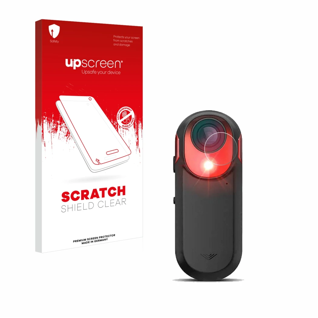 Face avant d’un emballage produit avec le logo de la marque upscreen. À côté, l’appareil Garmin Varia RCT 715 est représenté a
