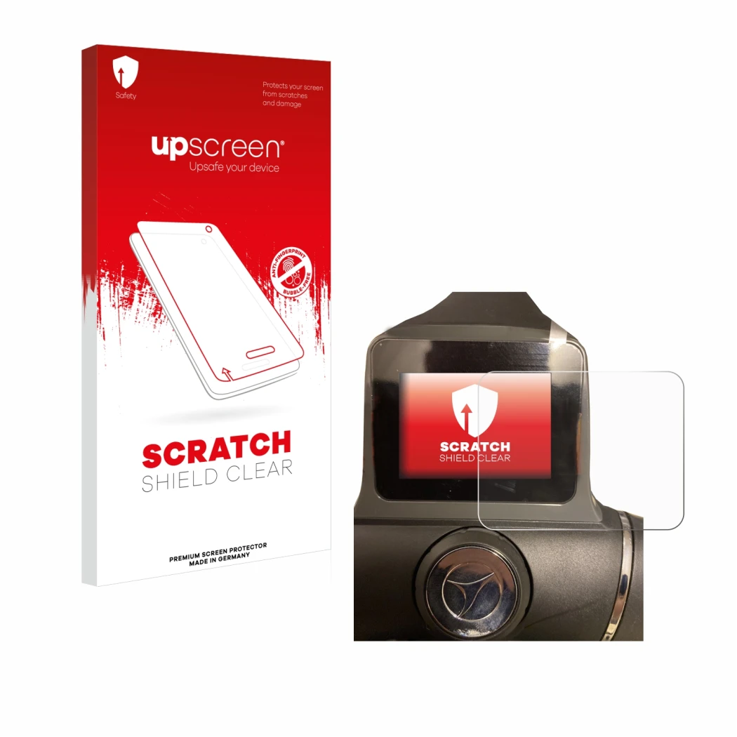 Face avant d’un emballage produit avec le logo de la marque upscreen. À côté, l’appareil Motocaddy M1 DHC Electric Trolley est