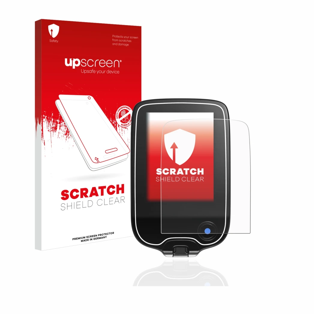 Face avant d’un emballage produit avec le logo de la marque upscreen. À côté, l’appareil Freestyle Libre 3 est représenté avec