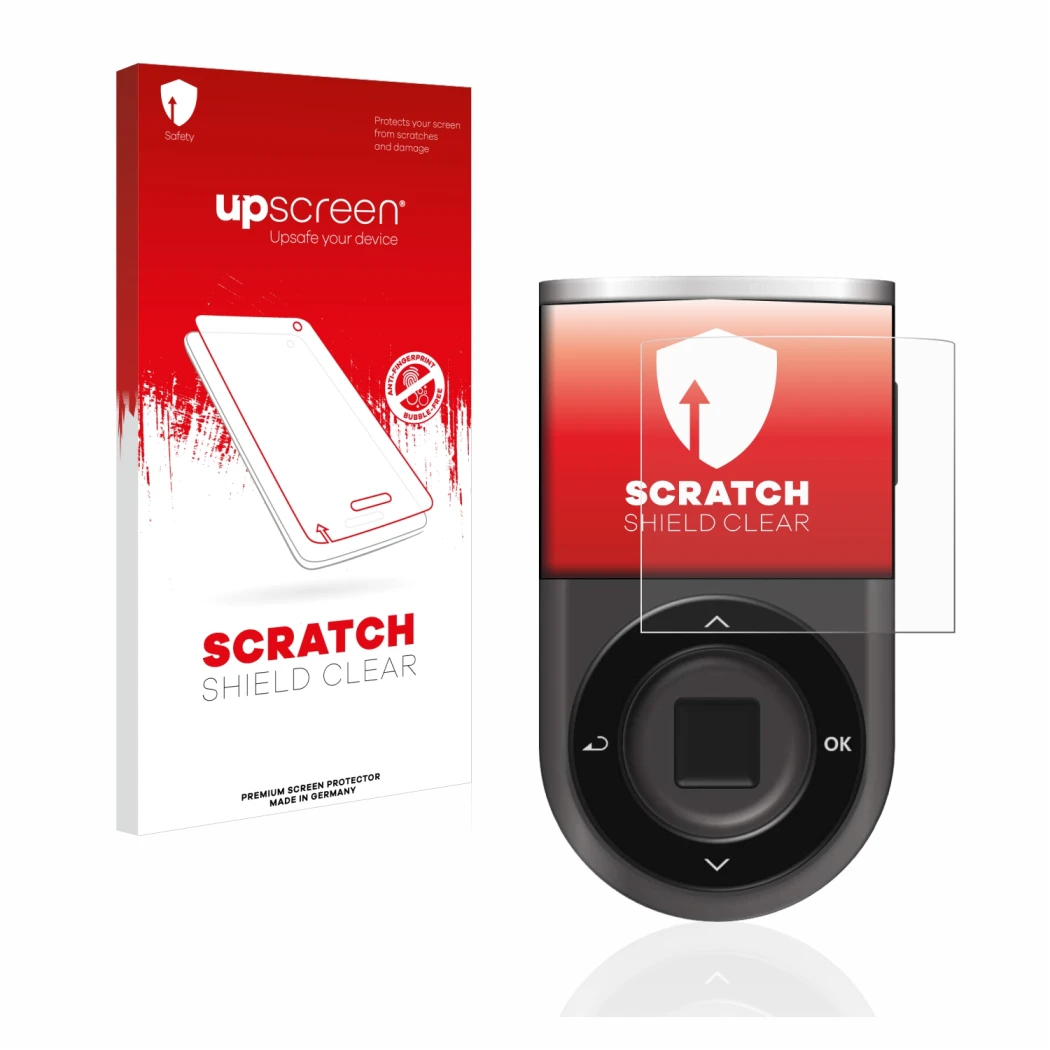 Face avant d’un emballage produit avec le logo de la marque upscreen. À côté, l’appareil D’CENT Biometric Wallet est représent