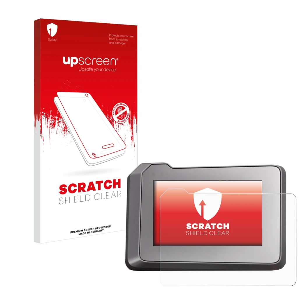 Face avant d’un emballage produit avec le logo de la marque upscreen. À côté, l’appareil KTM 1290 Super Duke R 2022 TFT-Displa