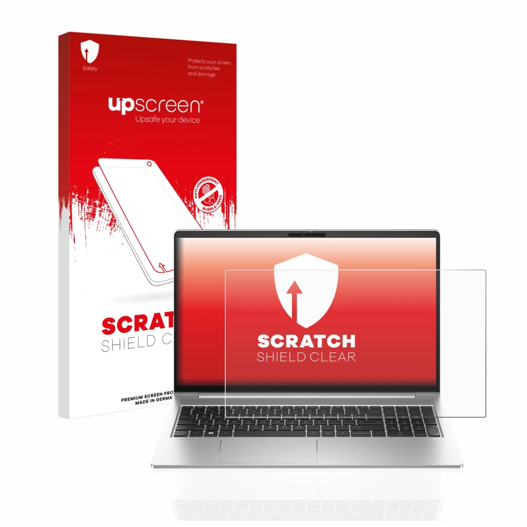 Face avant d’un emballage produit avec le logo de la marque upscreen. À côté, l’appareil HP ProBook 450 G10 est représenté ave
