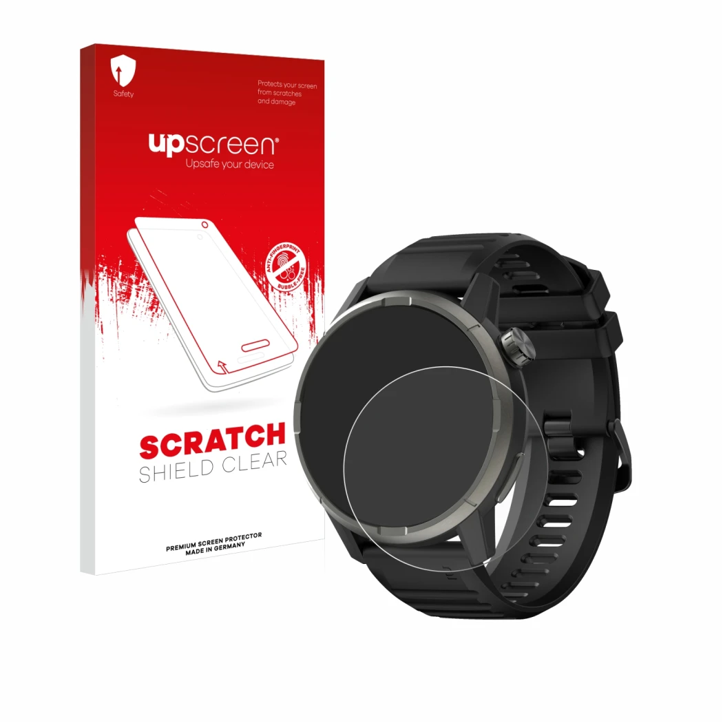 Face avant d’un emballage produit avec le logo de la marque upscreen. À côté, l’appareil Kiprun GPS 900 by Coros est représent