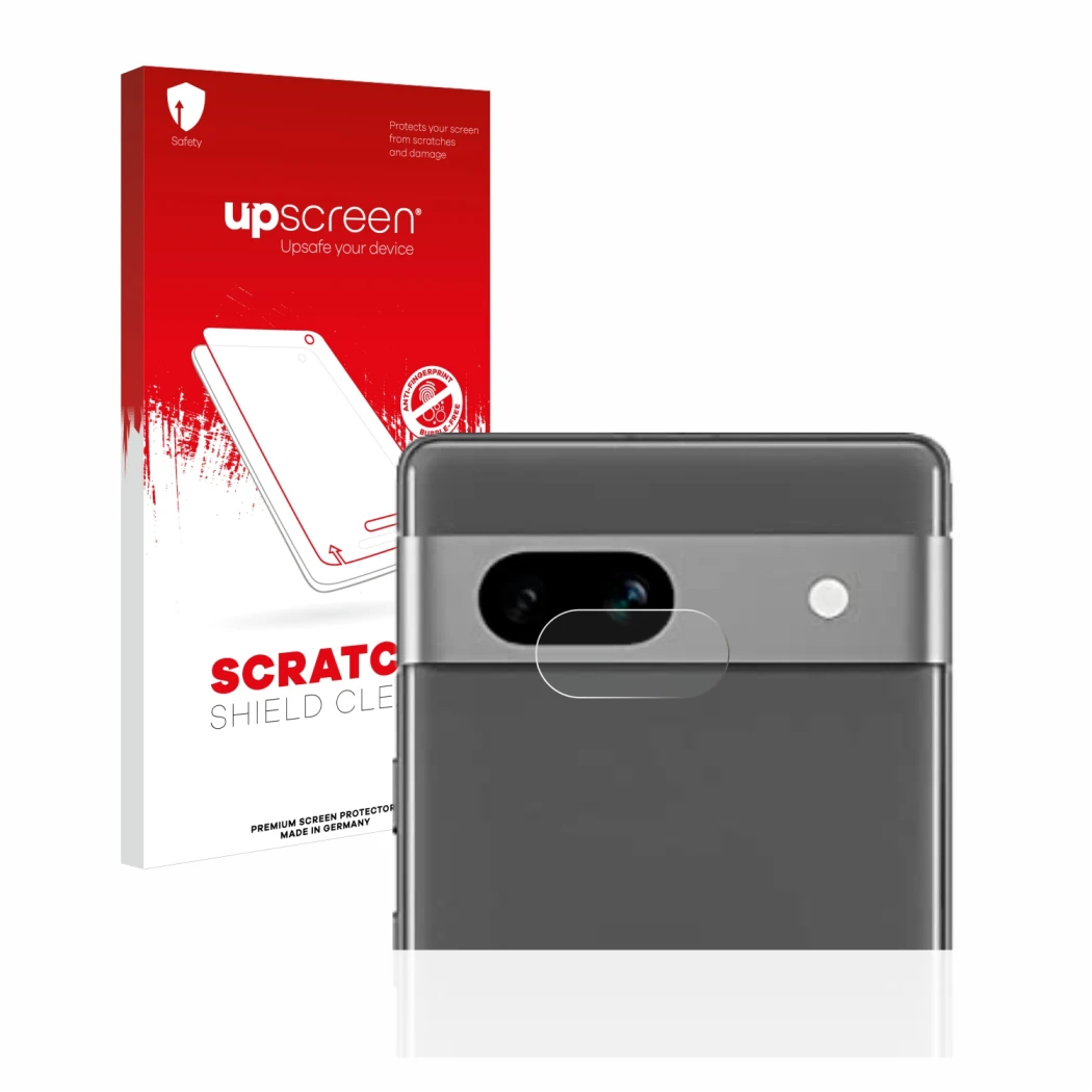 Face avant d’un emballage produit avec le logo de la marque upscreen. À côté, l’appareil Google Pixel 7a (Caméra UNIQUEMENT) e