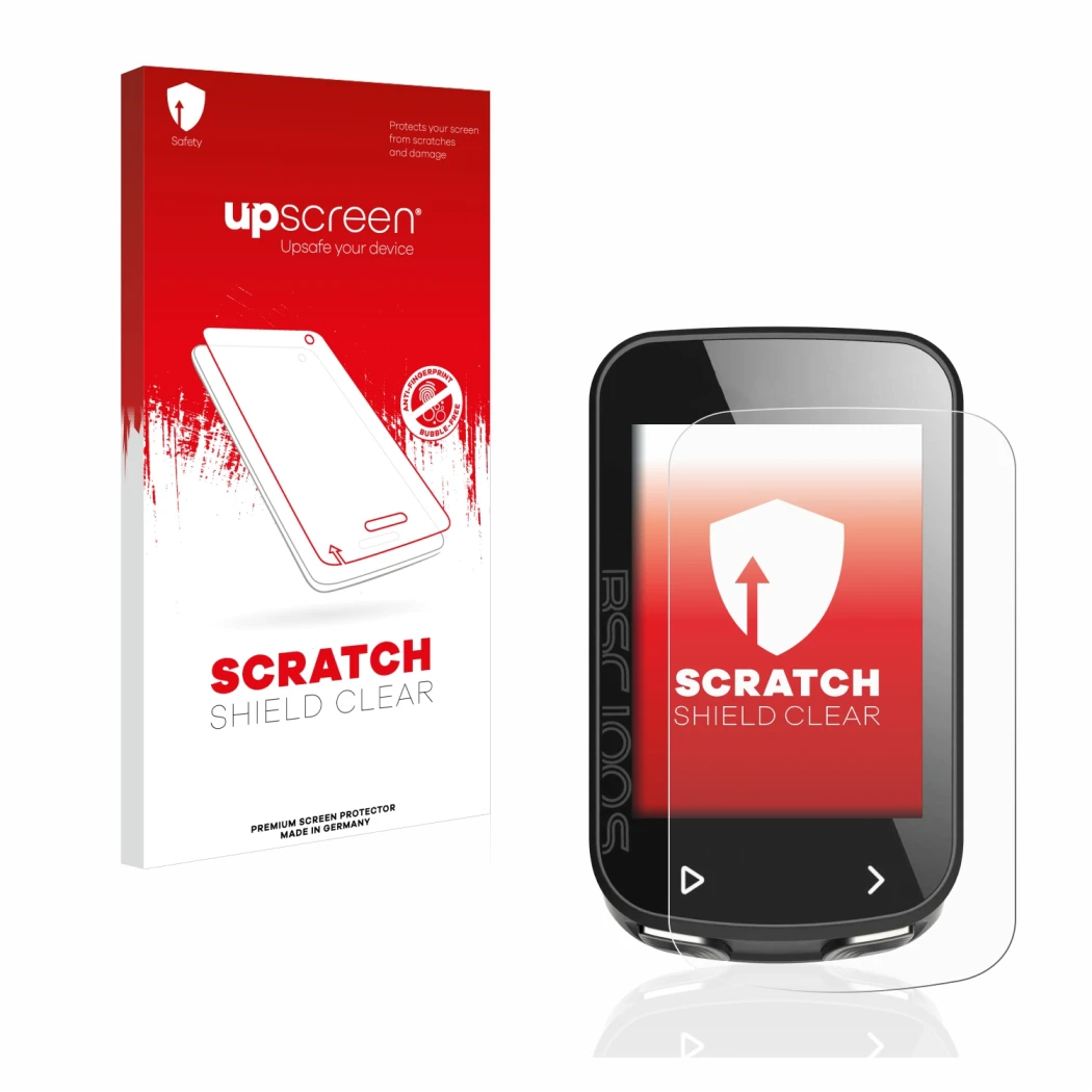 Face avant d’un emballage produit avec le logo de la marque upscreen. À côté, l’appareil iGPSPORT BSC100S est représenté avec