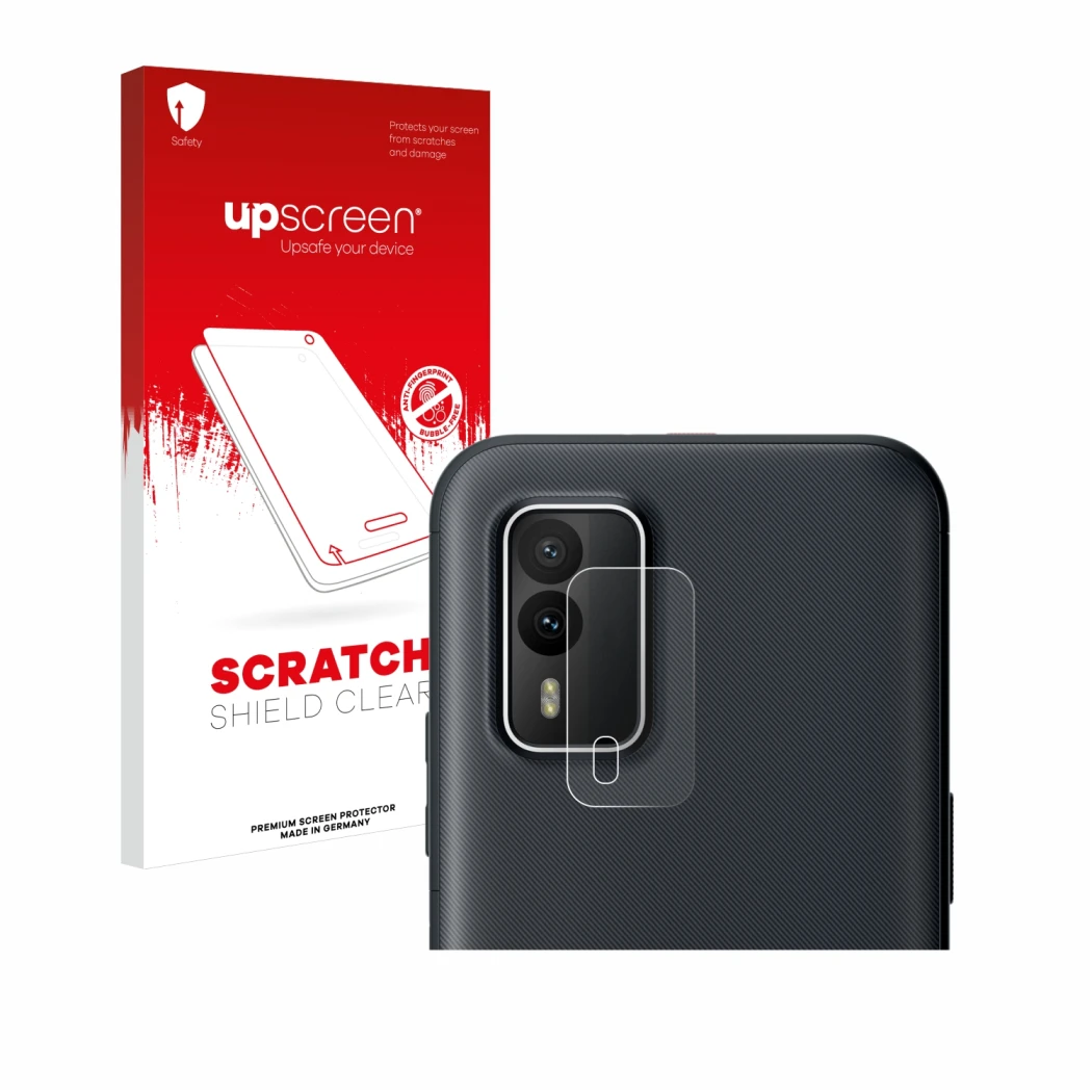 Face avant d’un emballage produit avec le logo de la marque upscreen. À côté, l’appareil Nokia XR21 (Caméra UNIQUEMENT) est re