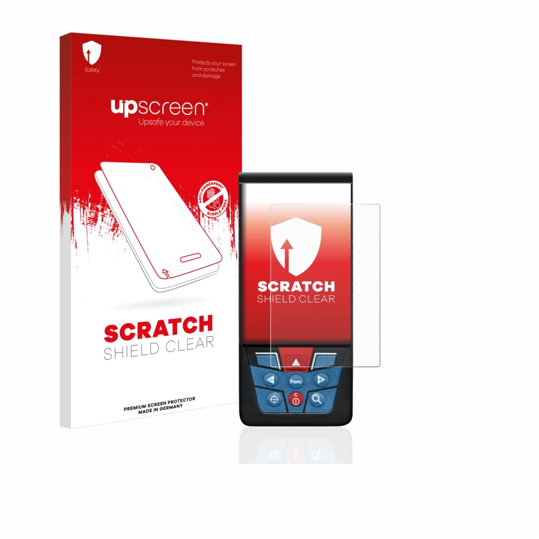 Face avant d’un emballage produit avec le logo de la marque upscreen. À côté, l’appareil Bosch GLM 100-25c est représenté avec