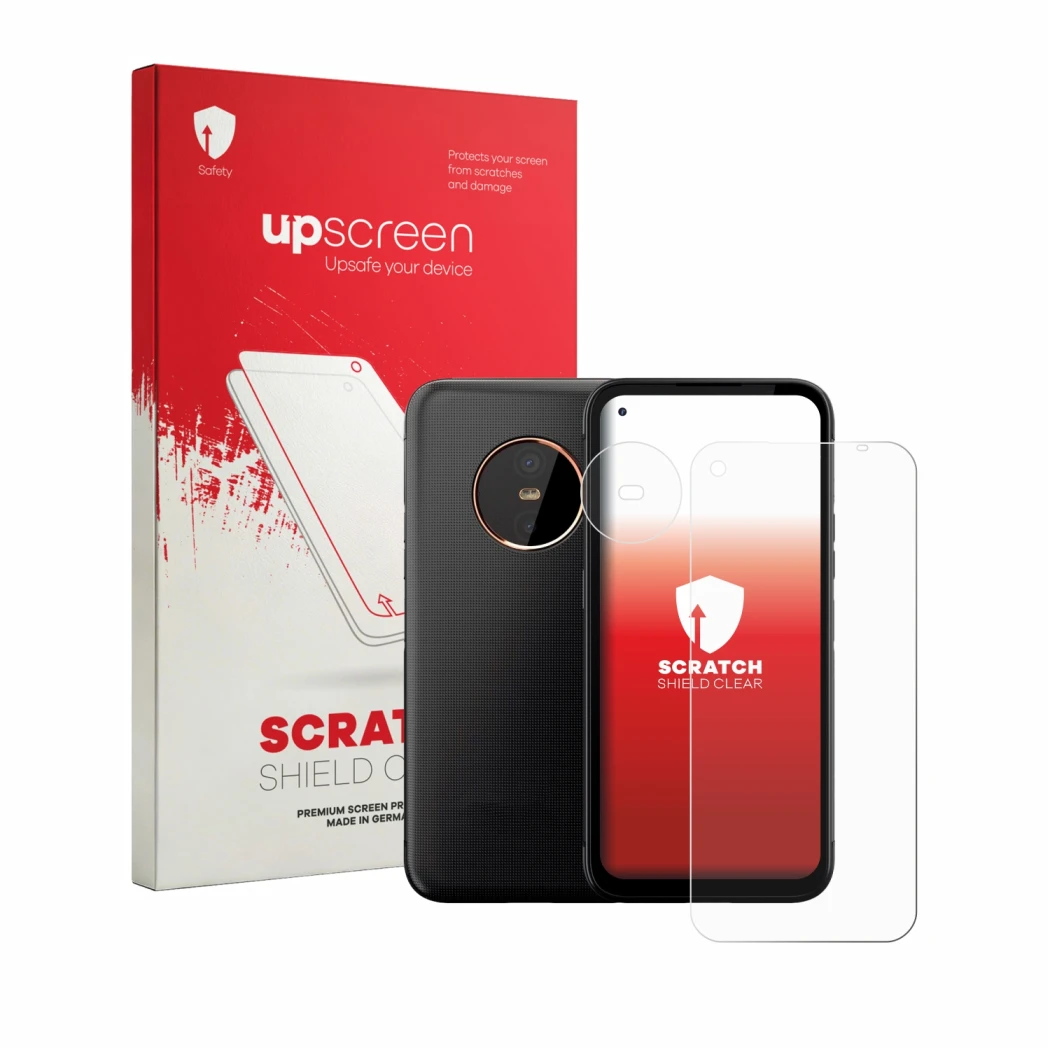 Face avant d’un emballage produit avec le logo de la marque upscreen. À côté, l’appareil Gigaset GX6 (Avant+Caméra) est représ