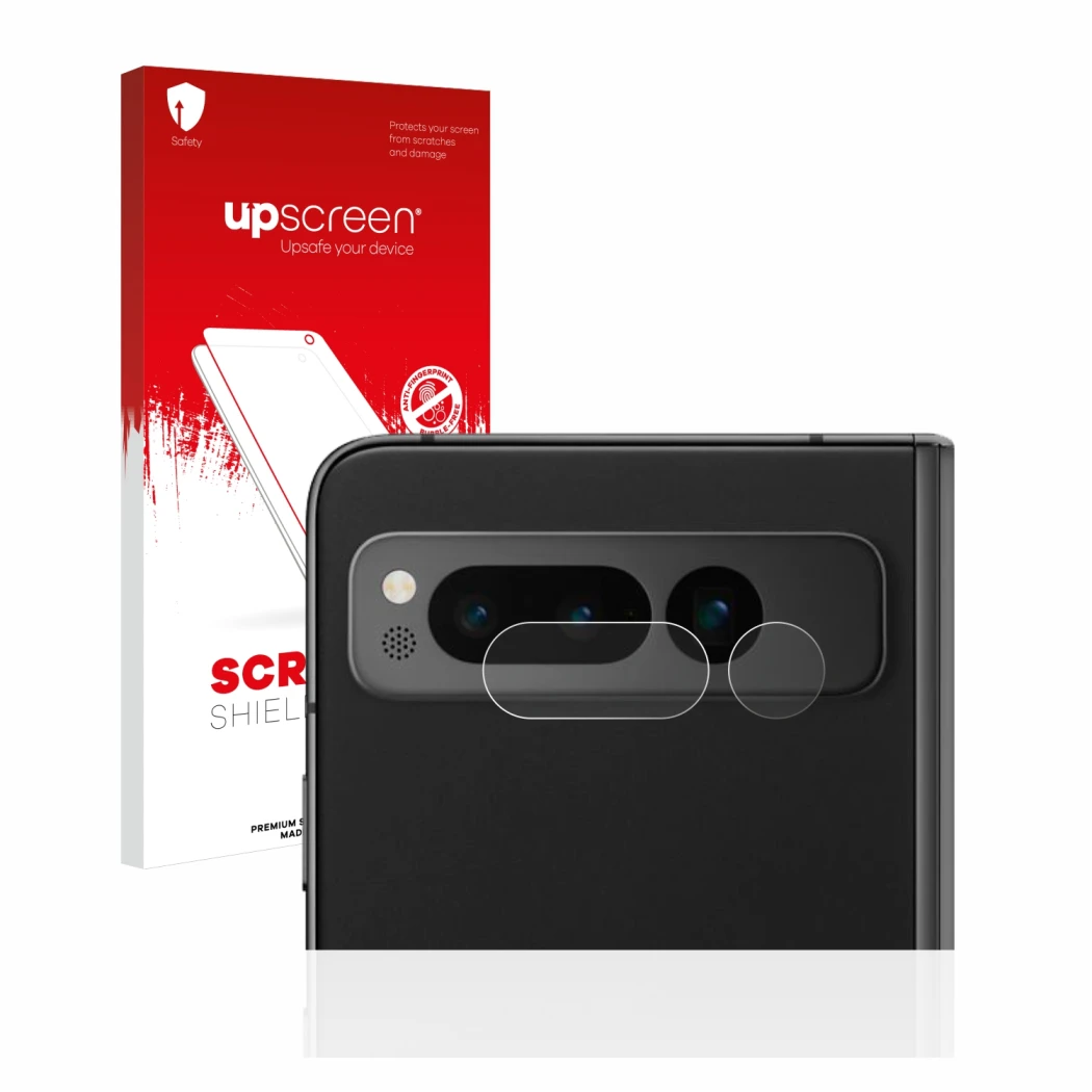 Face avant d’un emballage produit avec le logo de la marque upscreen. À côté, l’appareil Google Pixel Fold (Caméra UNIQUEMENT)