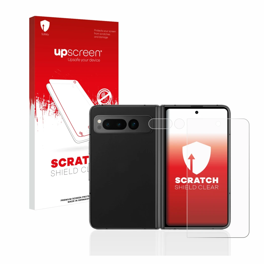 Face avant d’un emballage produit avec le logo de la marque upscreen. À côté, l’appareil Google Pixel Fold (Avant+Caméra) est 