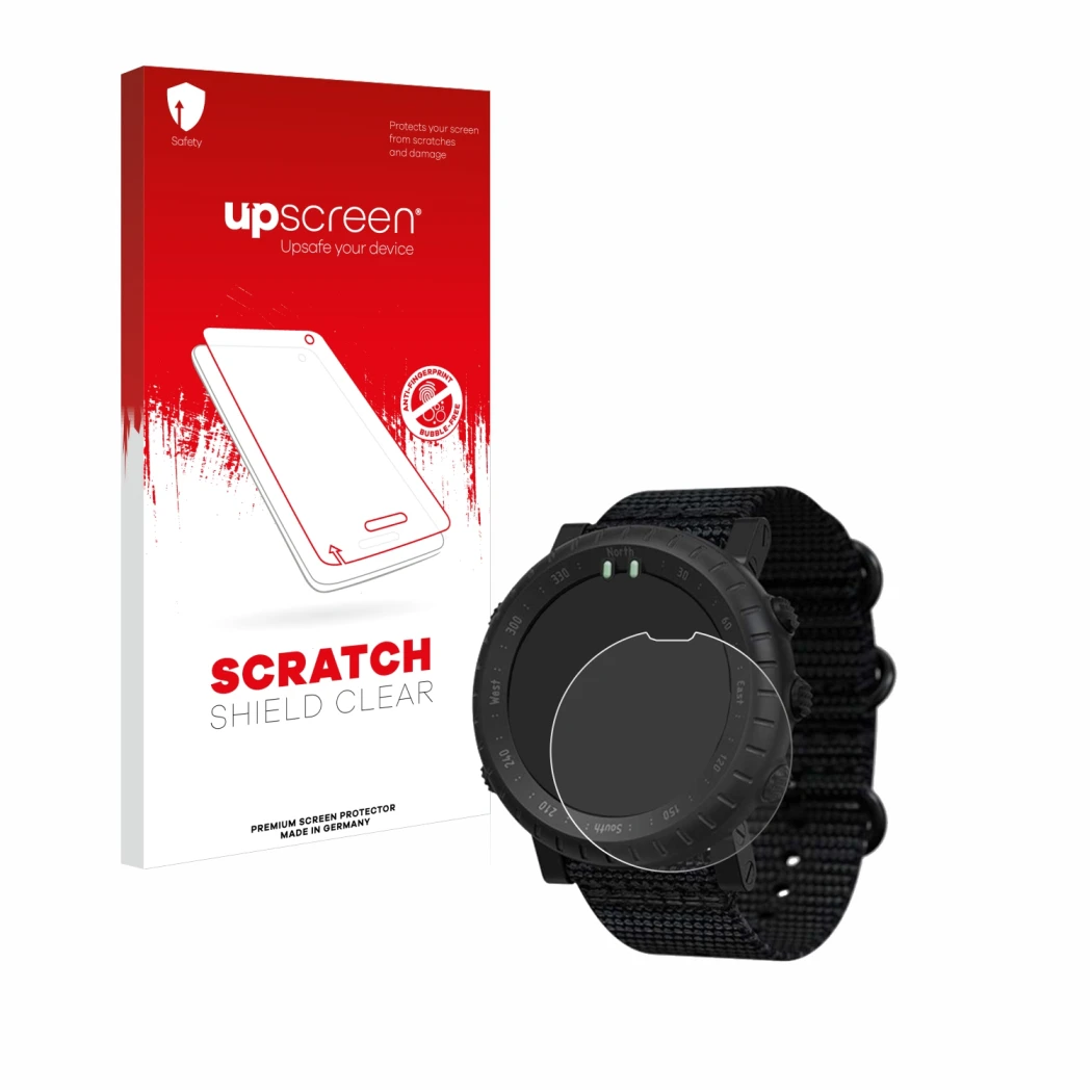Face avant d’un emballage produit avec le logo de la marque upscreen. À côté, l’appareil Suunto Core Alpha est représenté avec