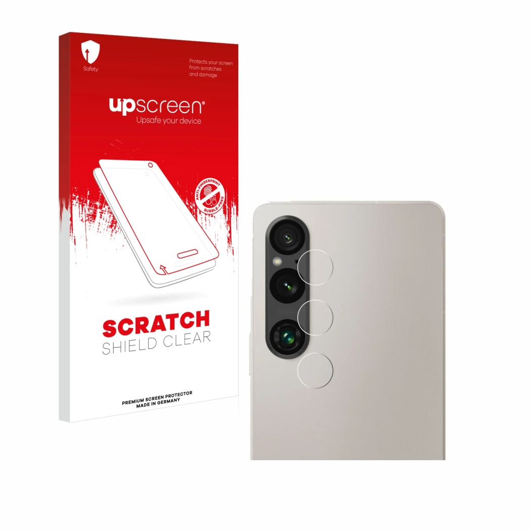 Face avant d’un emballage produit avec le logo de la marque upscreen. À côté, l’appareil Sony Xperia 1 V (Caméra UNIQUEMENT) e