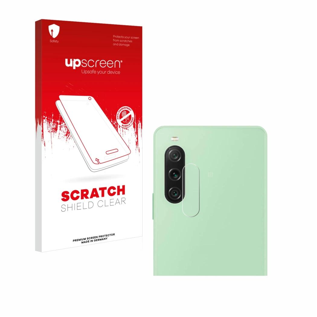 Face avant d’un emballage produit avec le logo de la marque upscreen. À côté, l’appareil Sony Xperia 10 V (Caméra UNIQUEMENT) 