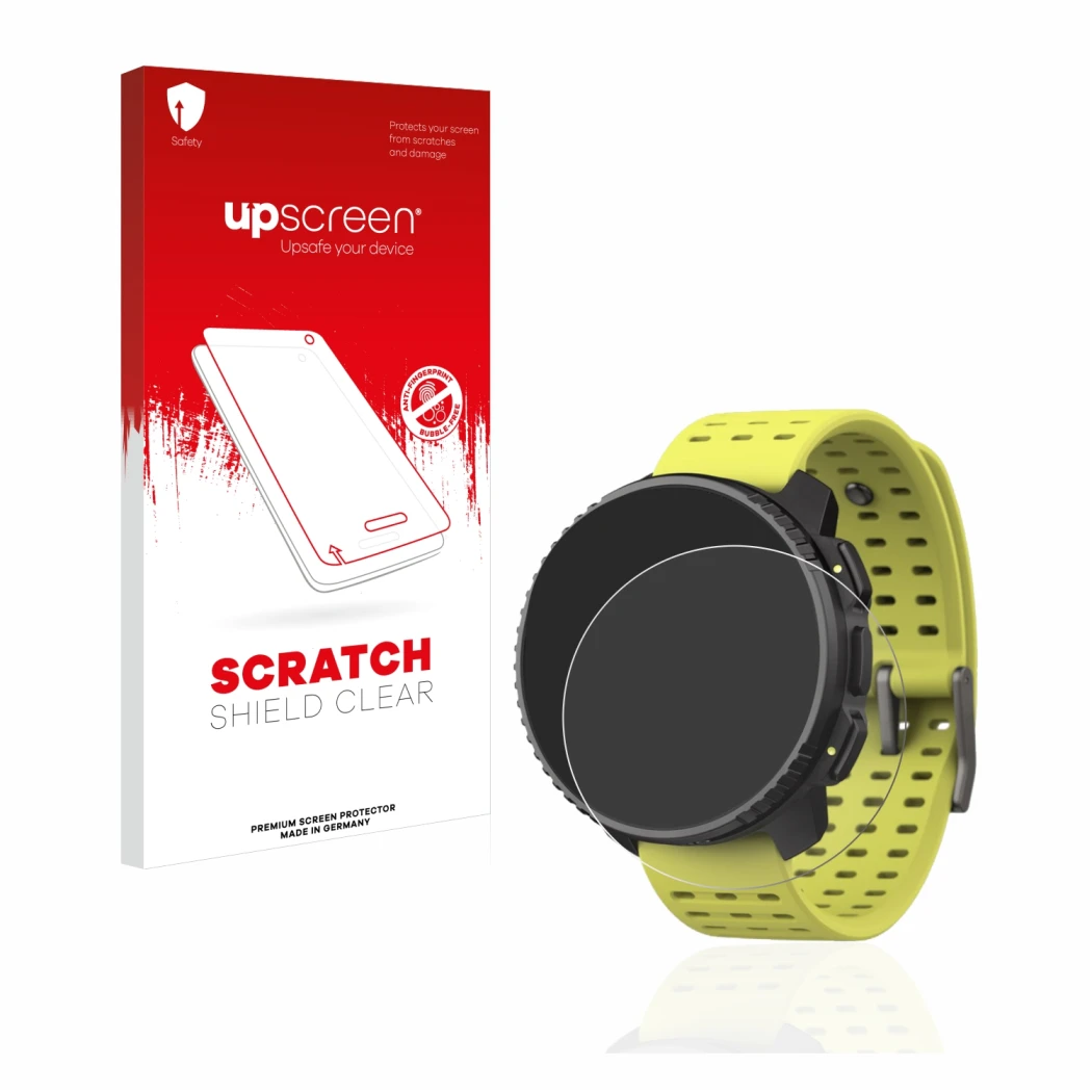 Face avant d’un emballage produit avec le logo de la marque upscreen. À côté, l’appareil Suunto Vertical est représenté avec l