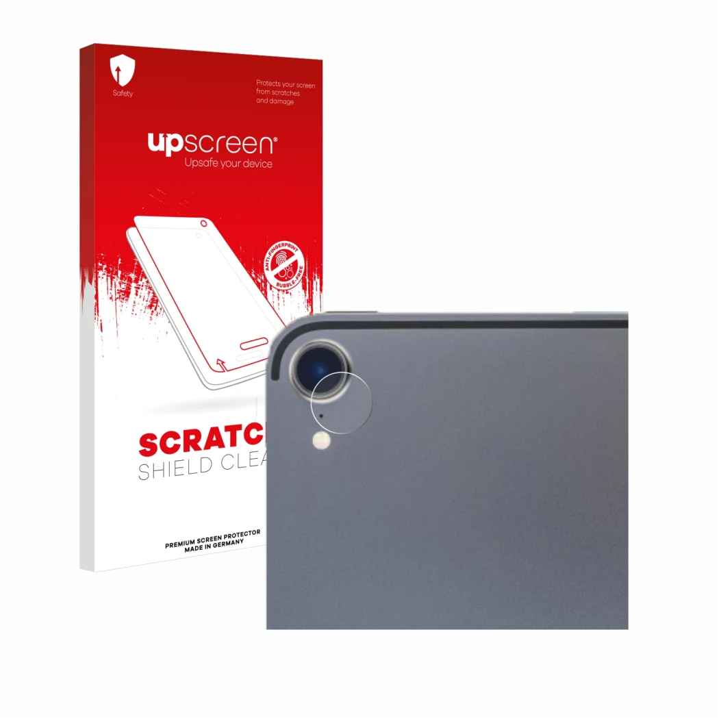 Face avant d’un emballage produit avec le logo de la marque upscreen. À côté, l’appareil Apple iPad Pro 12.9