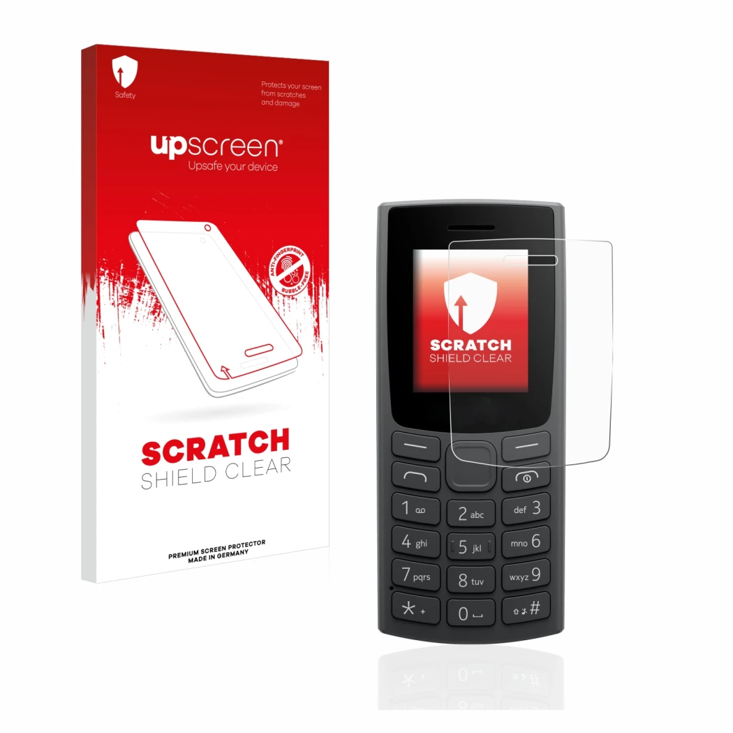 Face avant d’un emballage produit avec le logo de la marque upscreen. À côté, l’appareil Nokia 105 (2023) est représenté avec