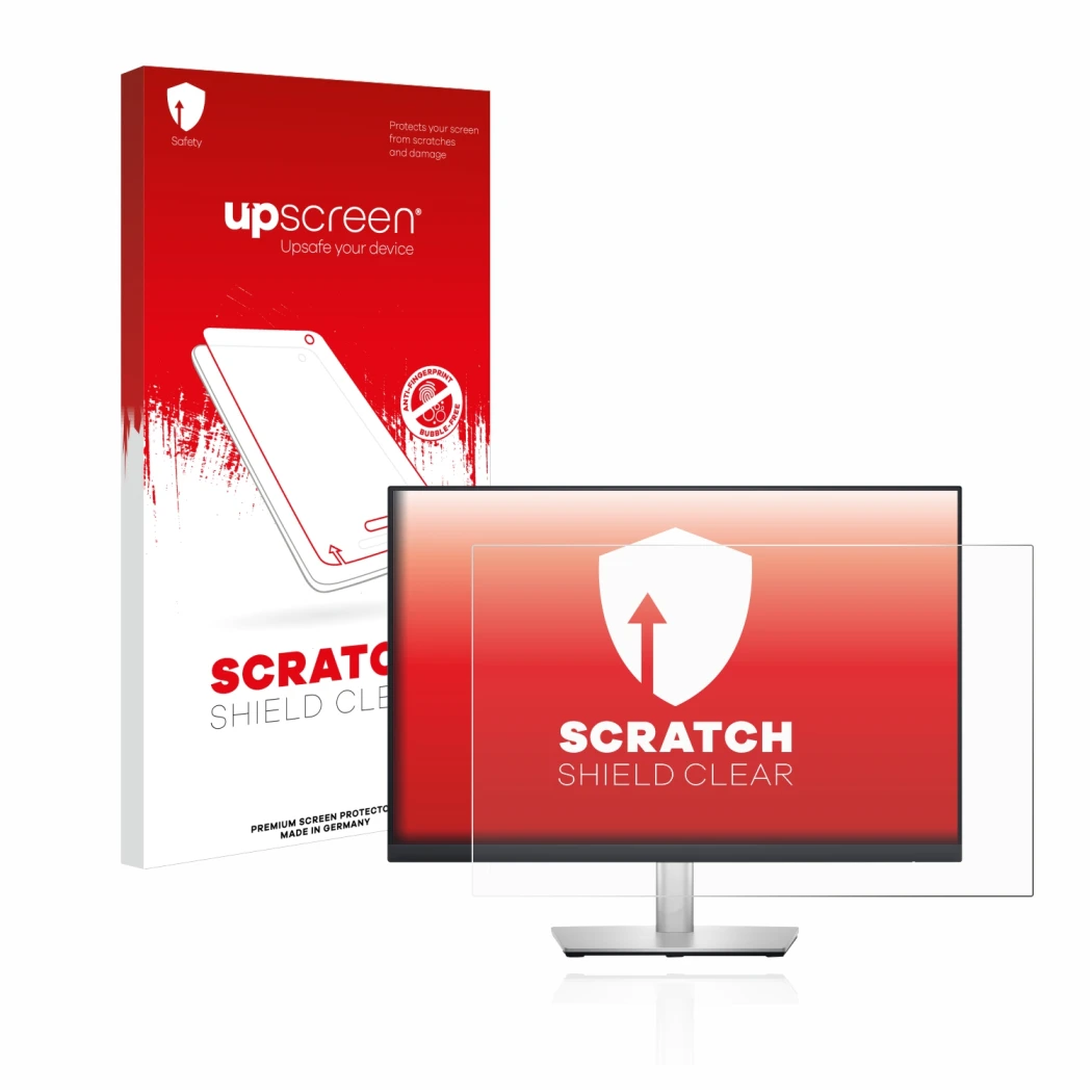 Face avant d’un emballage produit avec le logo de la marque upscreen. À côté, l’appareil Dell Professional P2423 est représent
