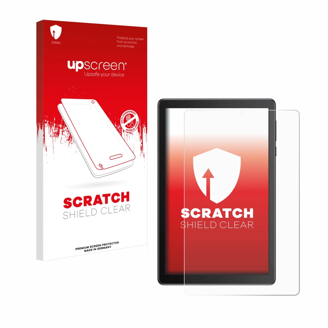 Face avant d’un emballage produit avec le logo de la marque upscreen. À côté, l’appareil TCL Tab 8V est représenté avec la pro