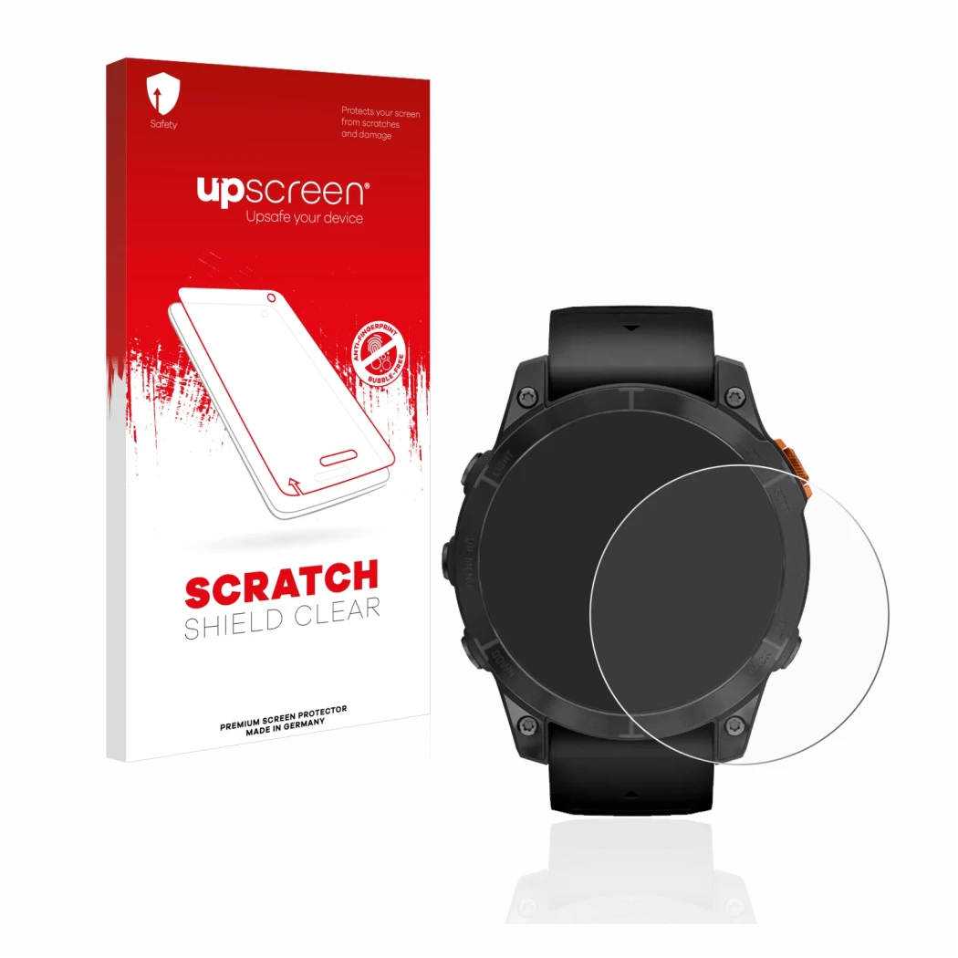 Face avant d’un emballage produit avec le logo de la marque upscreen. À côté, l’appareil Garmin Fenix 7 Pro Solar (47 mm) est
