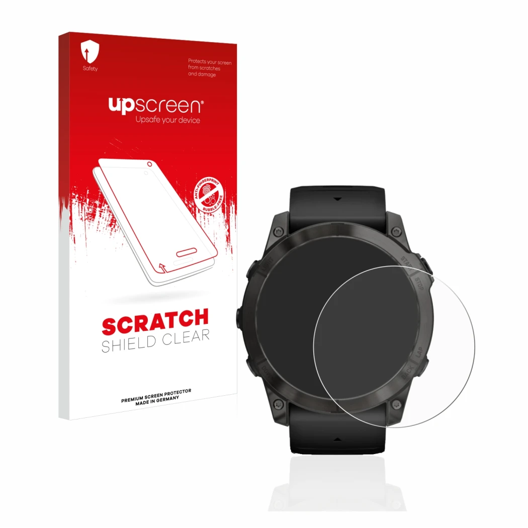 Face avant d’un emballage produit avec le logo de la marque upscreen. À côté, l’appareil Garmin Epix Pro (Gen 2) (51 mm) est r