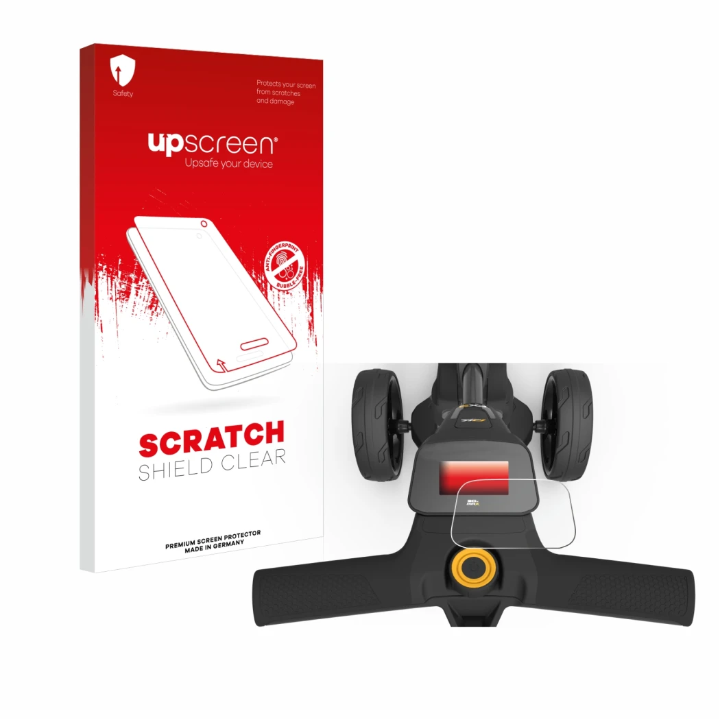 Face avant d’un emballage produit avec le logo de la marque upscreen. À côté, l’appareil PowaKaddy FX3 est représenté avec la