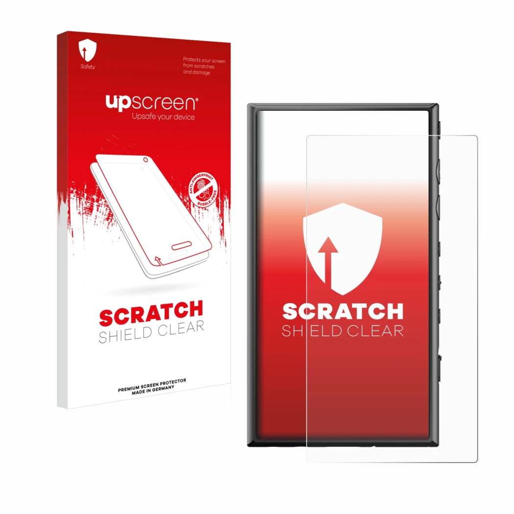Face avant d’un emballage produit avec le logo de la marque upscreen. À côté, l’appareil Sony Walkman NW-A306 est représenté a