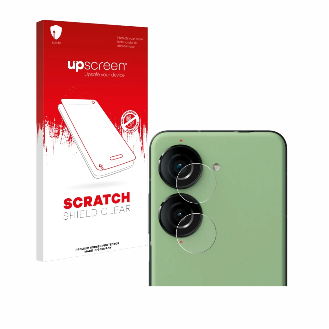 Face avant d’un emballage produit avec le logo de la marque upscreen. À côté, l’appareil ASUS ZenFone 10 (Caméra UNIQUEMENT) e