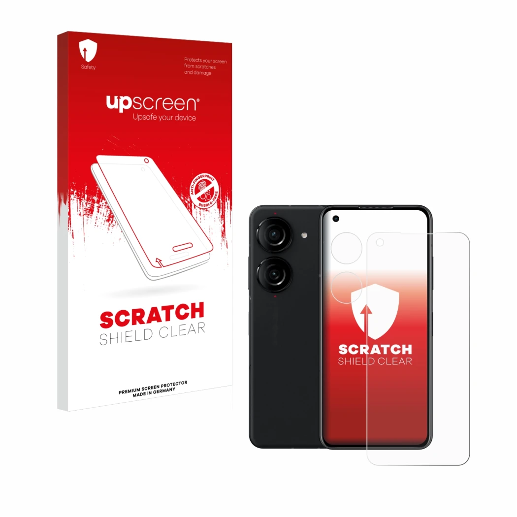 Face avant d’un emballage produit avec le logo de la marque upscreen. À côté, l’appareil ASUS ZenFone 10 (Avant+Caméra) est re
