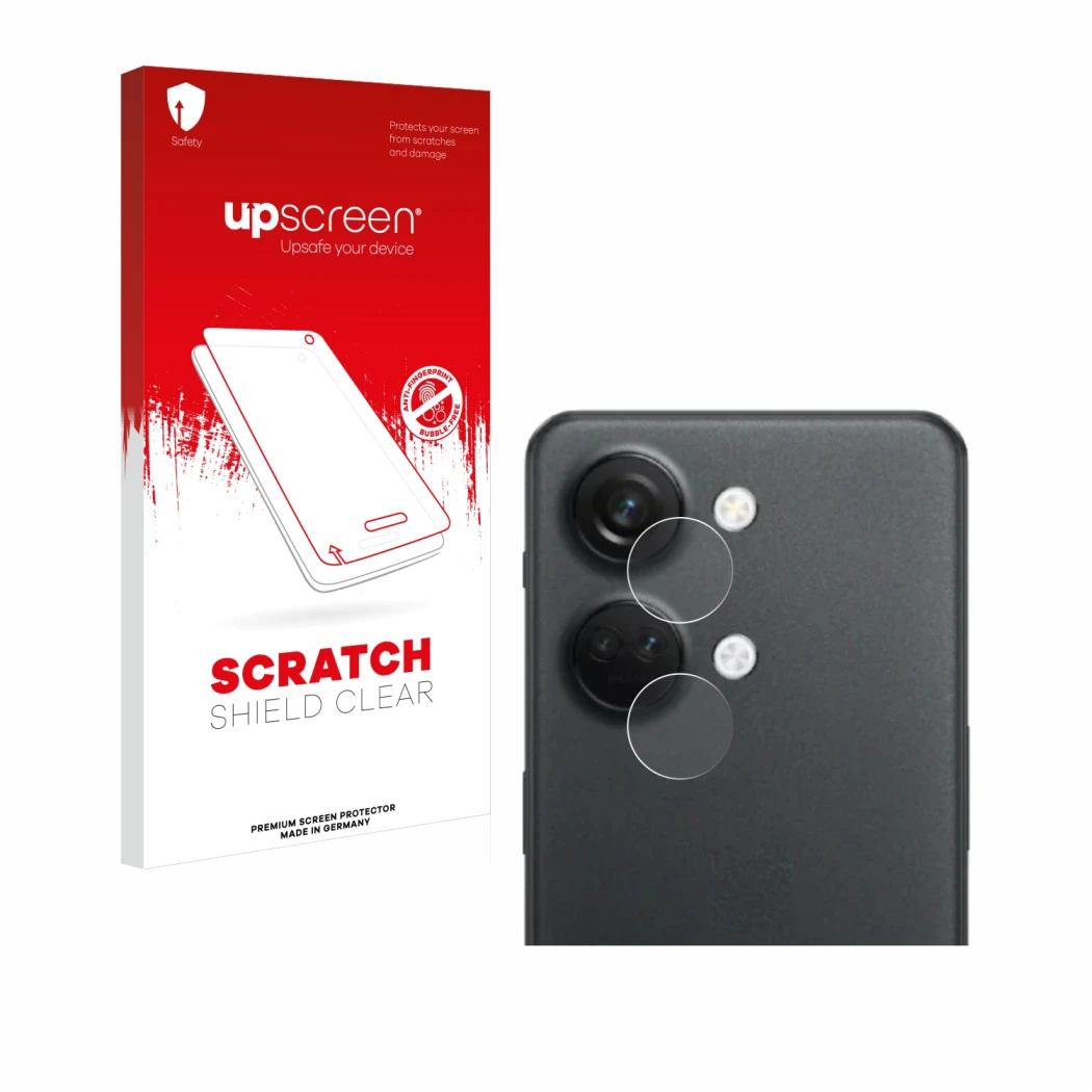 Face avant d’un emballage produit avec le logo de la marque upscreen. À côté, l’appareil OnePlus Nord 3 5G (Caméra UNIQUEMENT)