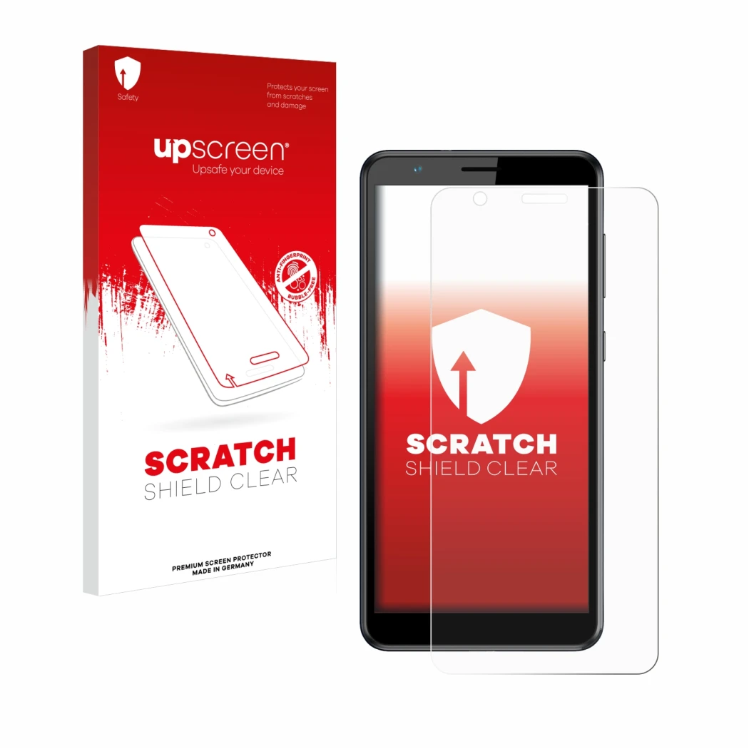 Face avant d’un emballage produit avec le logo de la marque upscreen. À côté, l’appareil ZTE Blade A31 est représenté avec la