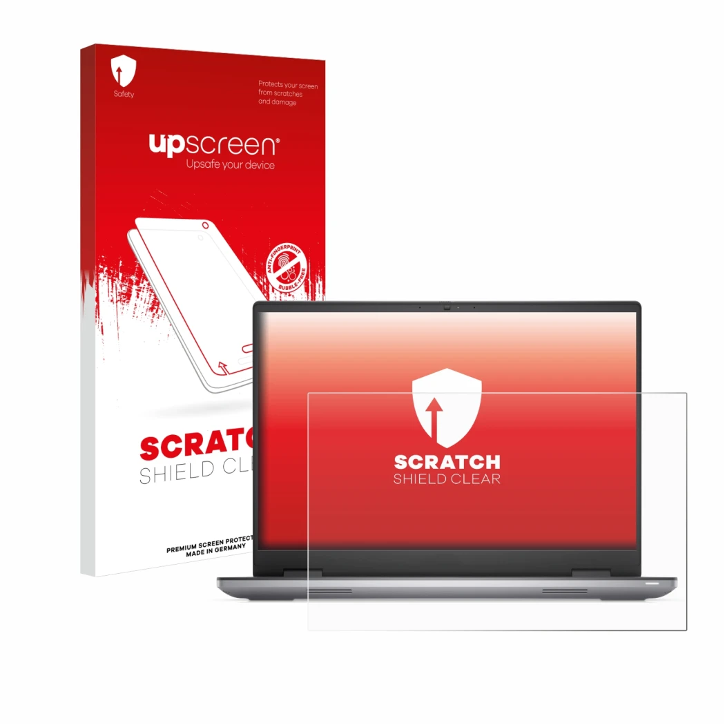 Face avant d’un emballage produit avec le logo de la marque upscreen. À côté, l’appareil Dell Precision 7680 Non-Touch est rep