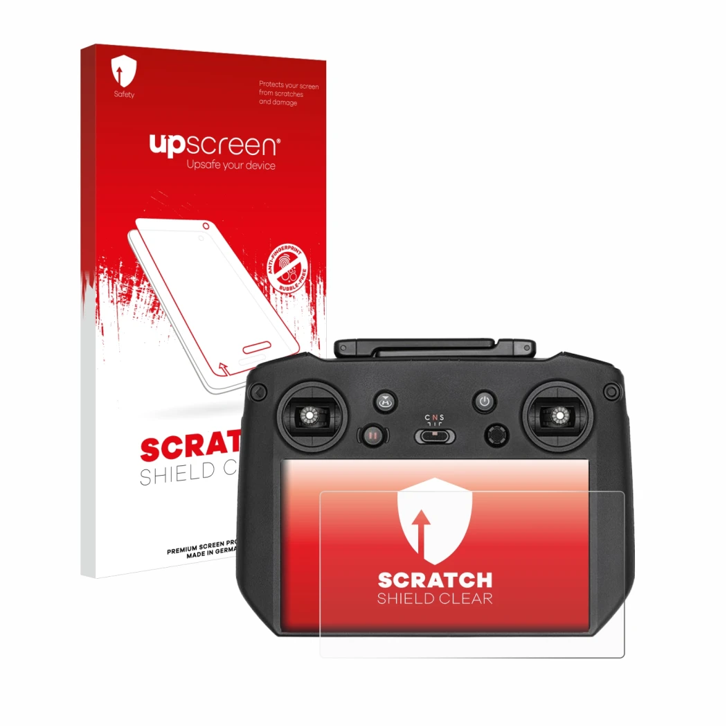 Face avant d’un emballage produit avec le logo de la marque upscreen. À côté, l’appareil DJI Mavic 3 RC Pro est représenté ave