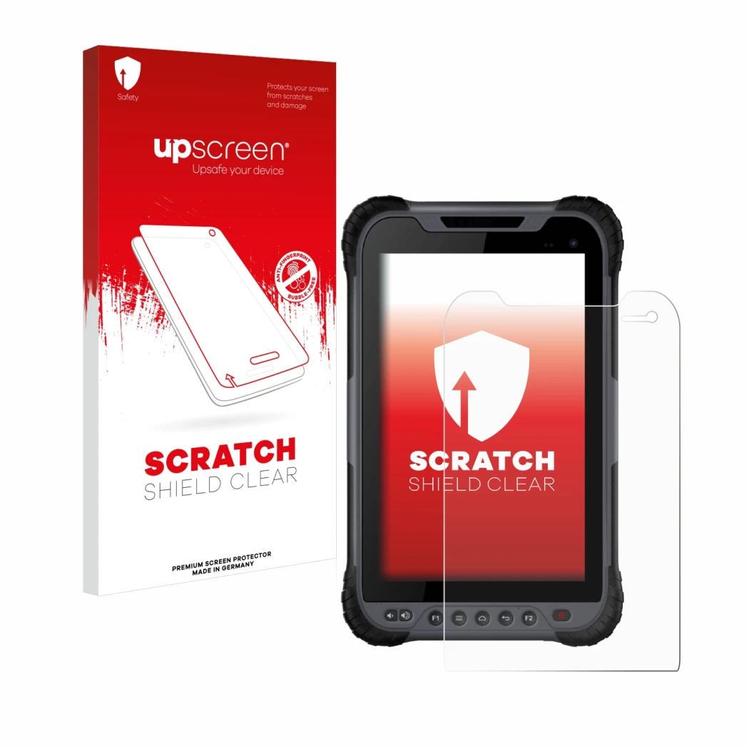 Face avant d’un emballage produit avec le logo de la marque upscreen. À côté, l’appareil Stonex UT32 Rugged Tablet est représe
