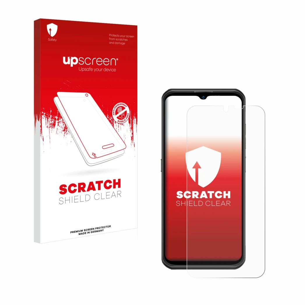 Face avant d’un emballage produit avec le logo de la marque upscreen. À côté, l’appareil Ulefone Armor 17 Pro est représenté a