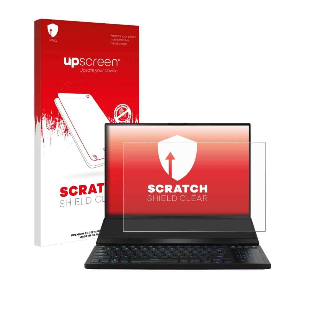 Face avant d’un emballage produit avec le logo de la marque upscreen. À côté, l’appareil ASUS ROG Zephyrus Duo 16 2023 est rep