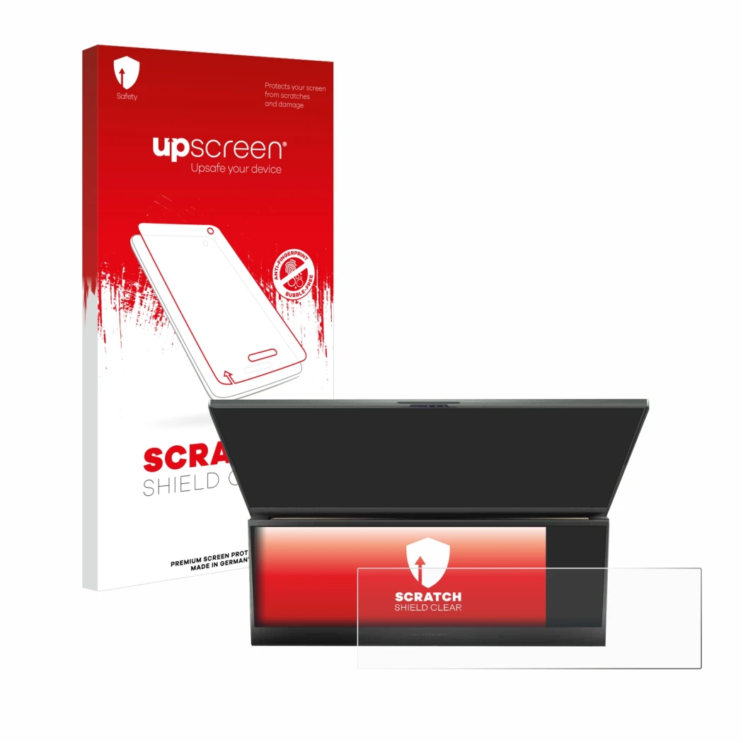 Face avant d’un emballage produit avec le logo de la marque upscreen. À côté, l’appareil ASUS ROG Zephyrus Duo 16 2023 (Touch 