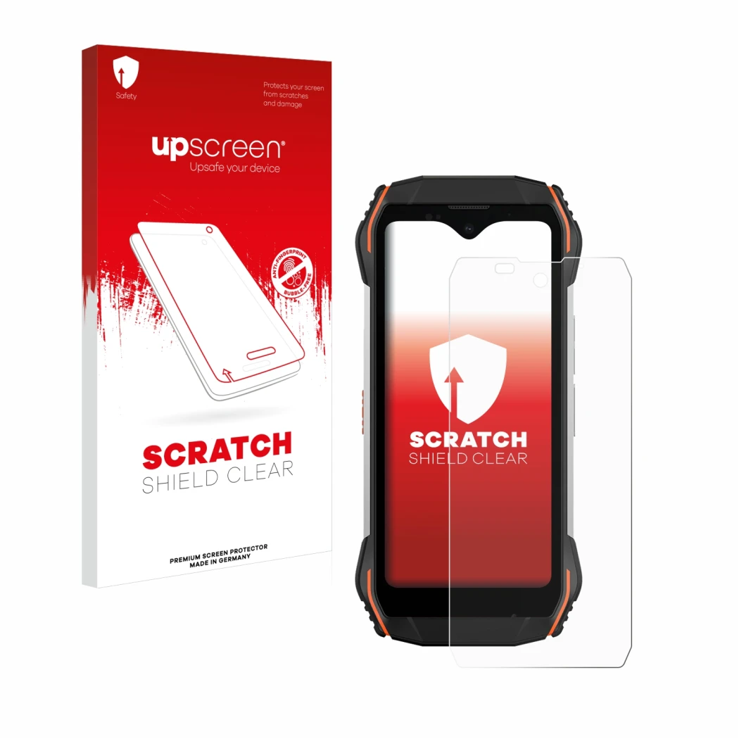 Face avant d’un emballage produit avec le logo de la marque upscreen. À côté, l’appareil Blackview N6000 est représenté avec l