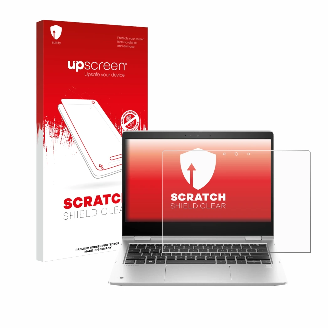 Face avant d’un emballage produit avec le logo de la marque upscreen. À côté, l’appareil HP ProBook x360 435 G10 est représent