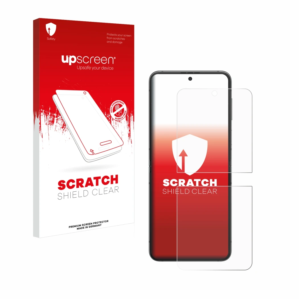Face avant d’un emballage produit avec le logo de la marque upscreen. À côté, l’appareil Samsung Galaxy Z Flip 5 est représent