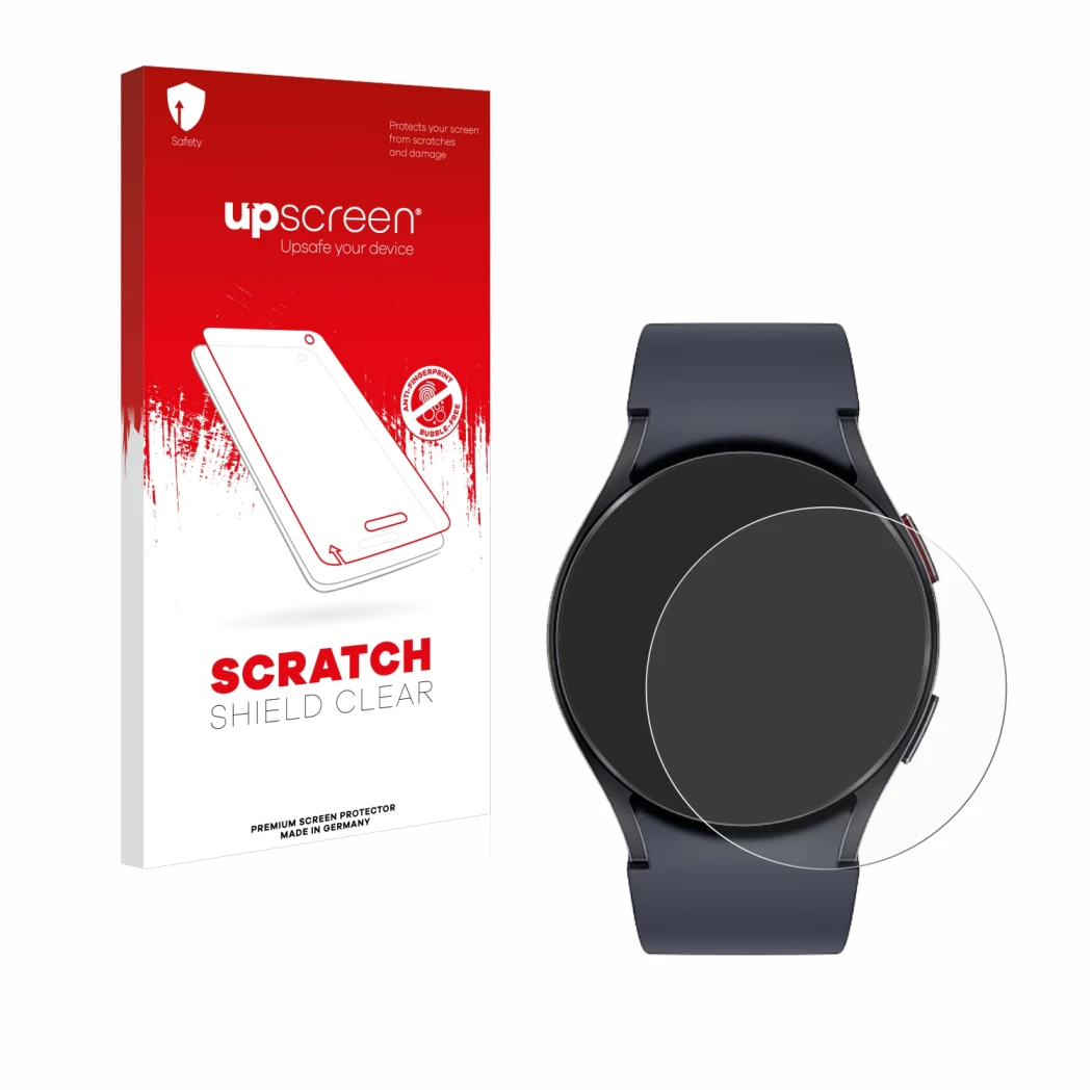 Face avant d’un emballage produit avec le logo de la marque upscreen. À côté, l’appareil Samsung Galaxy Watch 6 (44 mm) est re