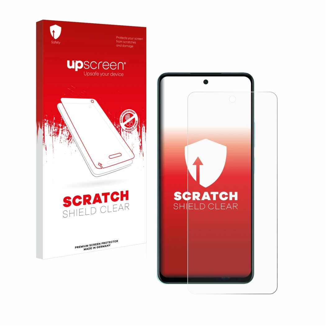 Face avant d’un emballage produit avec le logo de la marque upscreen. À côté, l’appareil Oppo A58 4G est représenté avec la pr