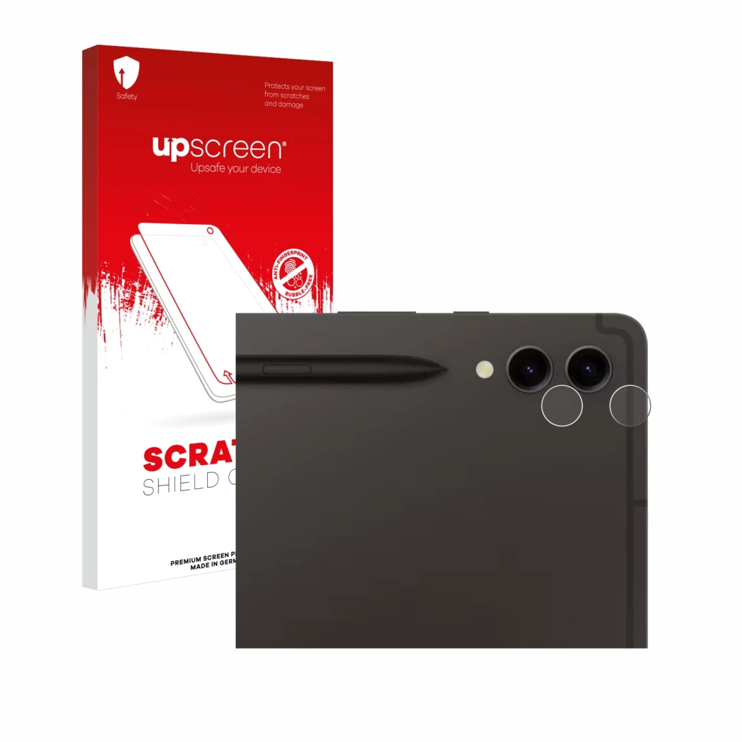 Face avant d’un emballage produit avec le logo de la marque upscreen. À côté, l’appareil Samsung Galaxy Tab S9 Plus WiFi (Camé