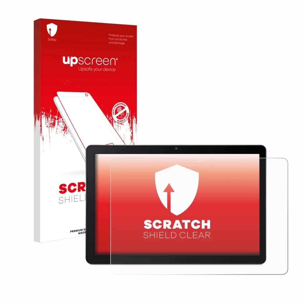 Face avant d’un emballage produit avec le logo de la marque upscreen. À côté, l’appareil Acer Iconia Tab M10 est représenté av