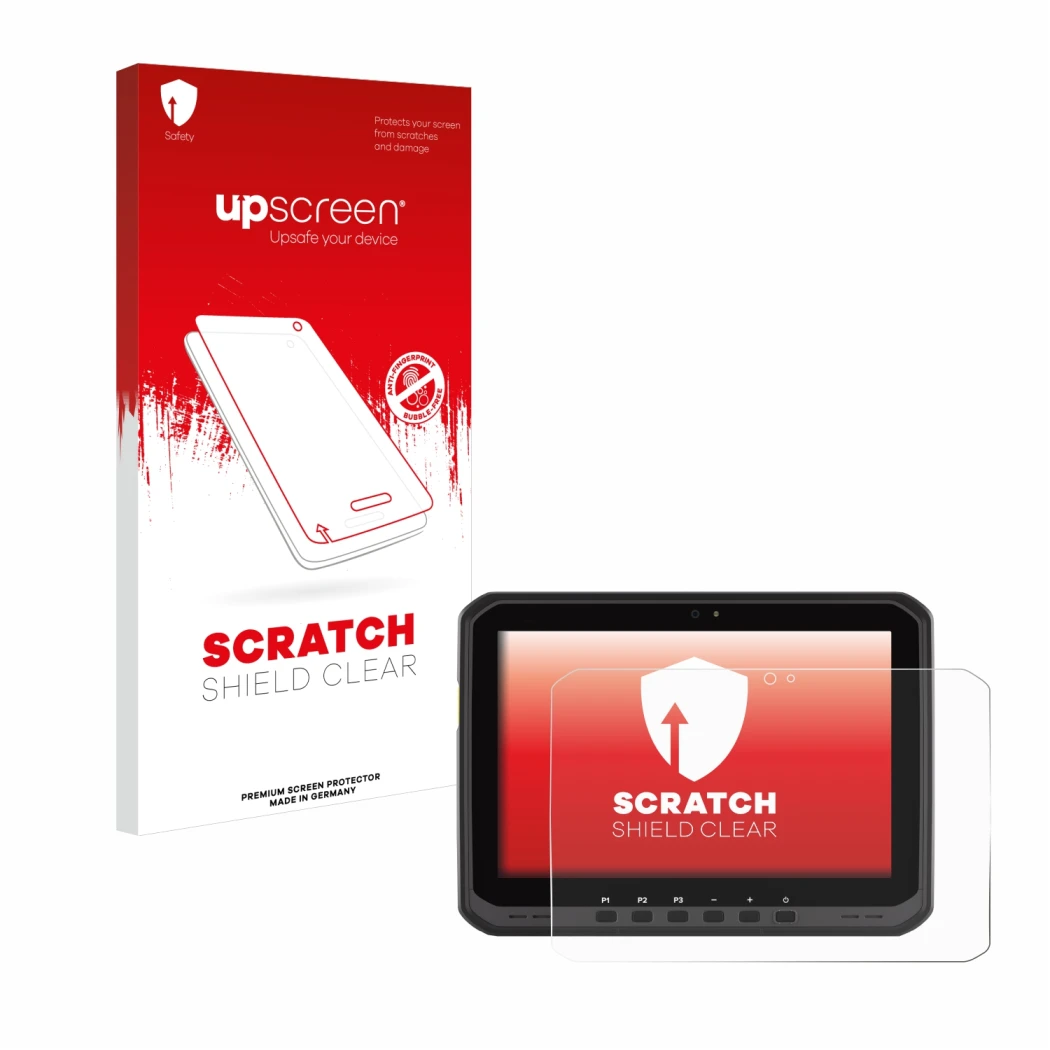 Face avant d’un emballage produit avec le logo de la marque upscreen. À côté, l’appareil Zebra ET60 est représenté avec la pro