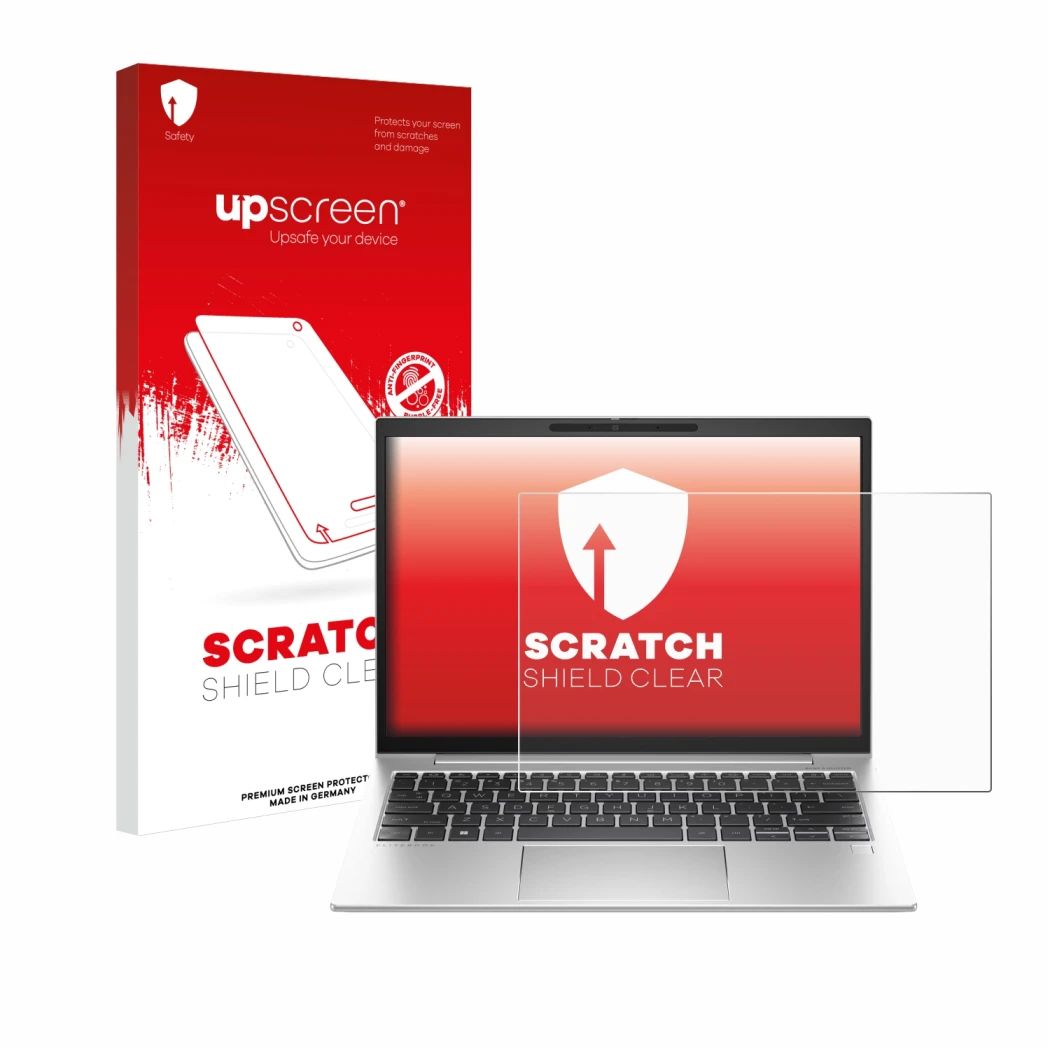 Face avant d’un emballage produit avec le logo de la marque upscreen. À côté, l’appareil HP EliteBook 835 G10 est représenté a